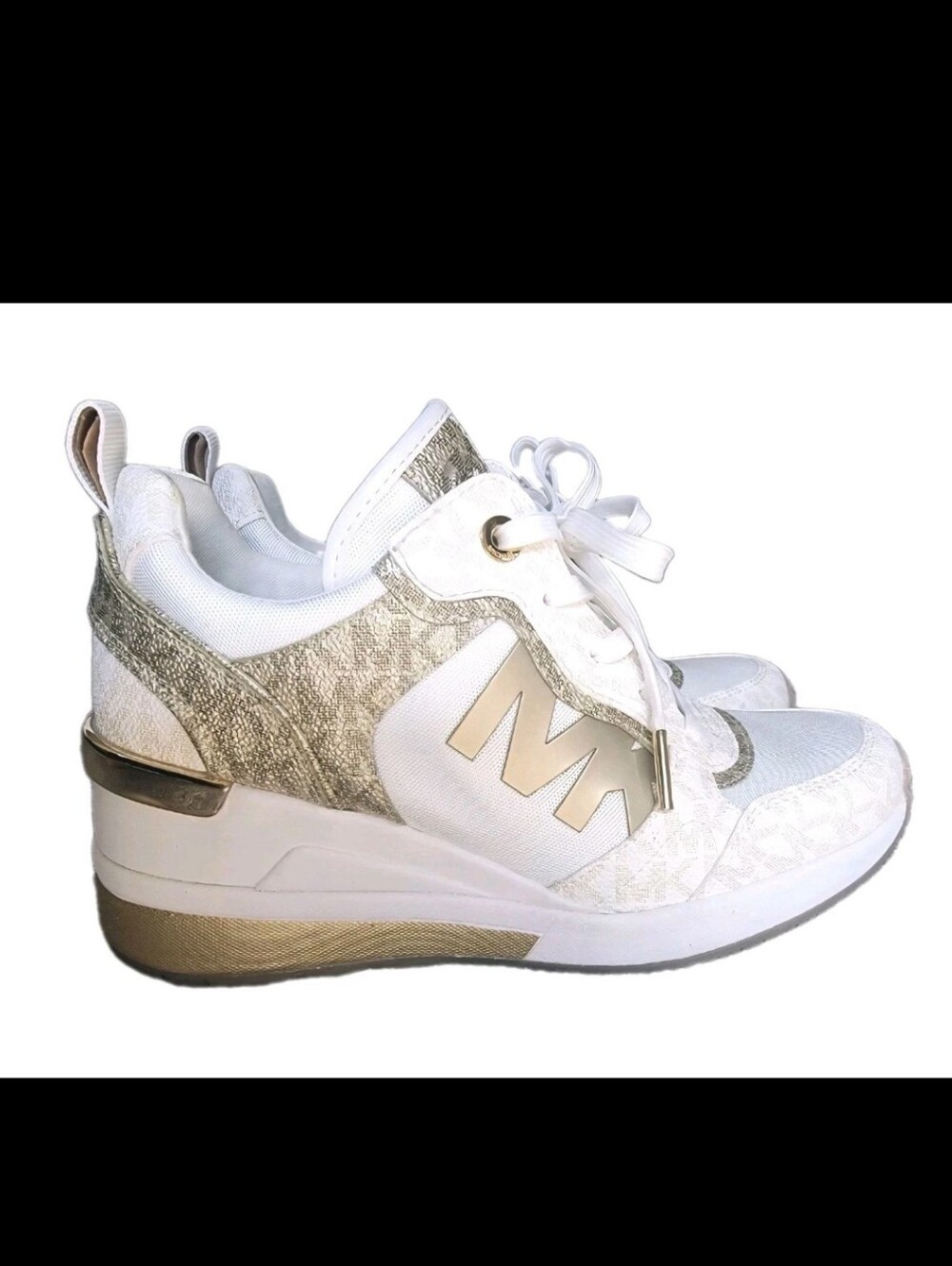 MK White and Gold Wedge Sneakers - Designer Style Women Shoes 5.5